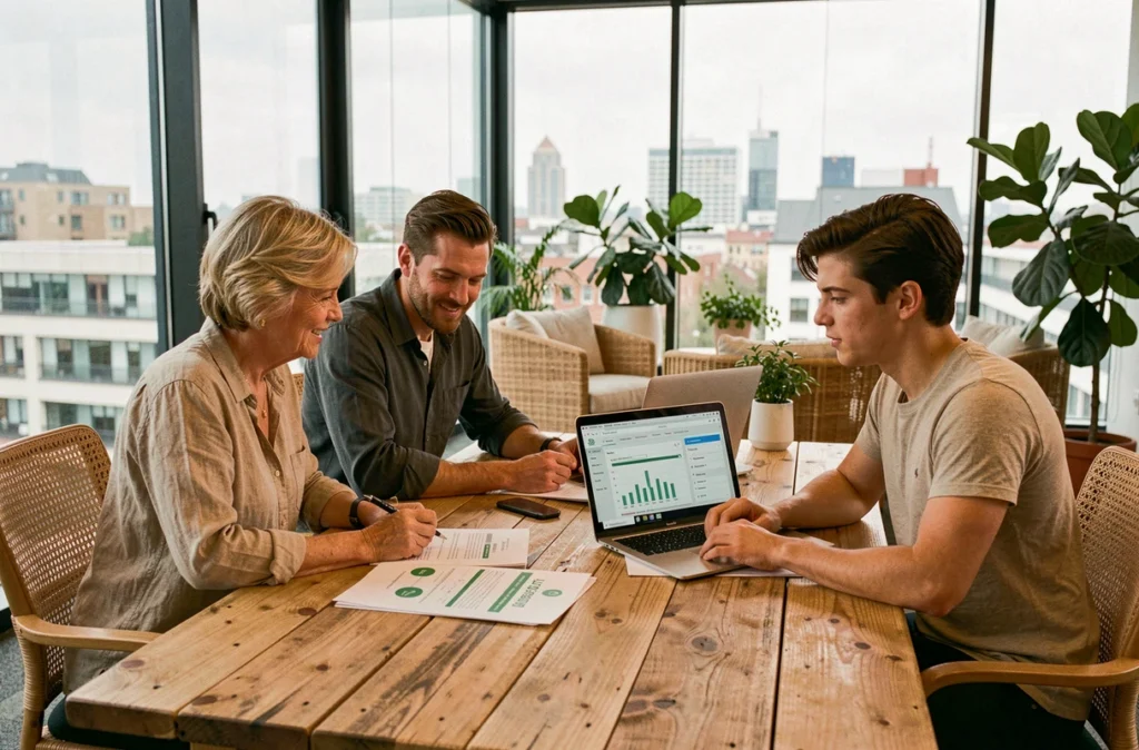 Équipe d'entreprise française en réunion autour d'une stratégie numérique Green IT dans une salle de conférence éco-certifiée