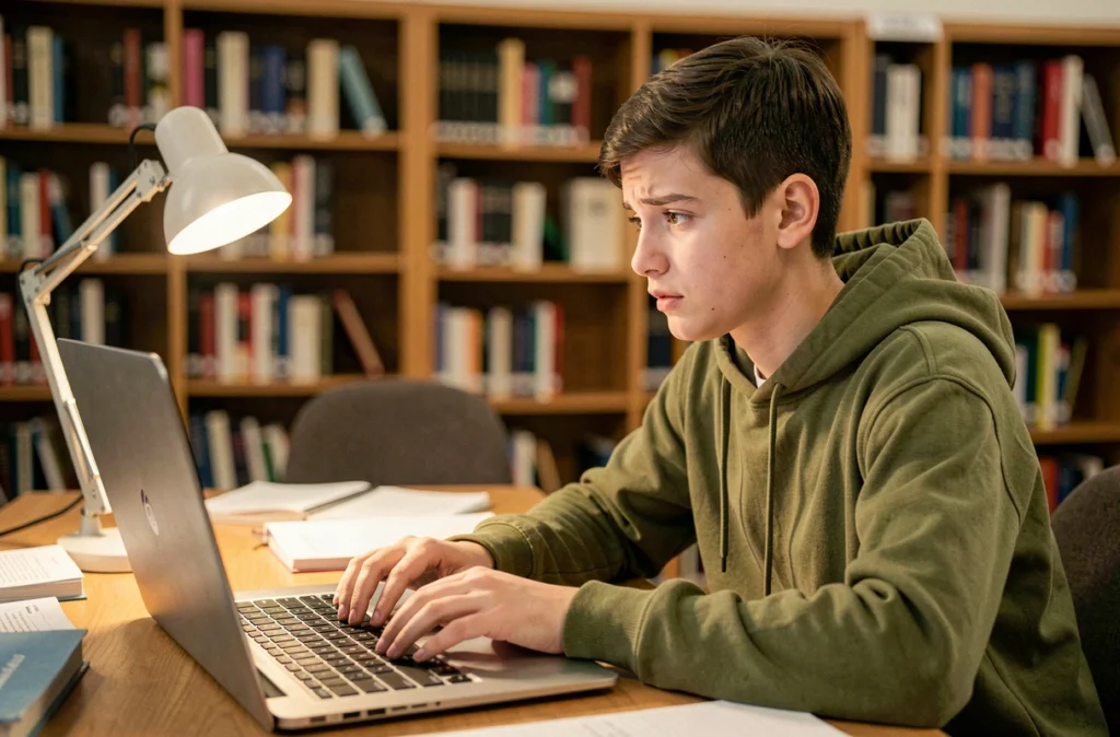 Étudiant cherchant comment faire un arobase sur un ordinateur portable dans une bibliothèque