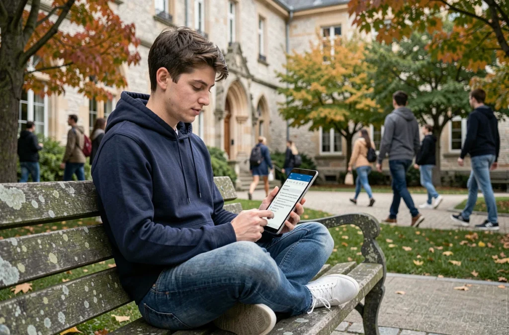 Un étudiant consultant son messagerie académique Nantes sur une tablette en extérieur sur le campus universitaire