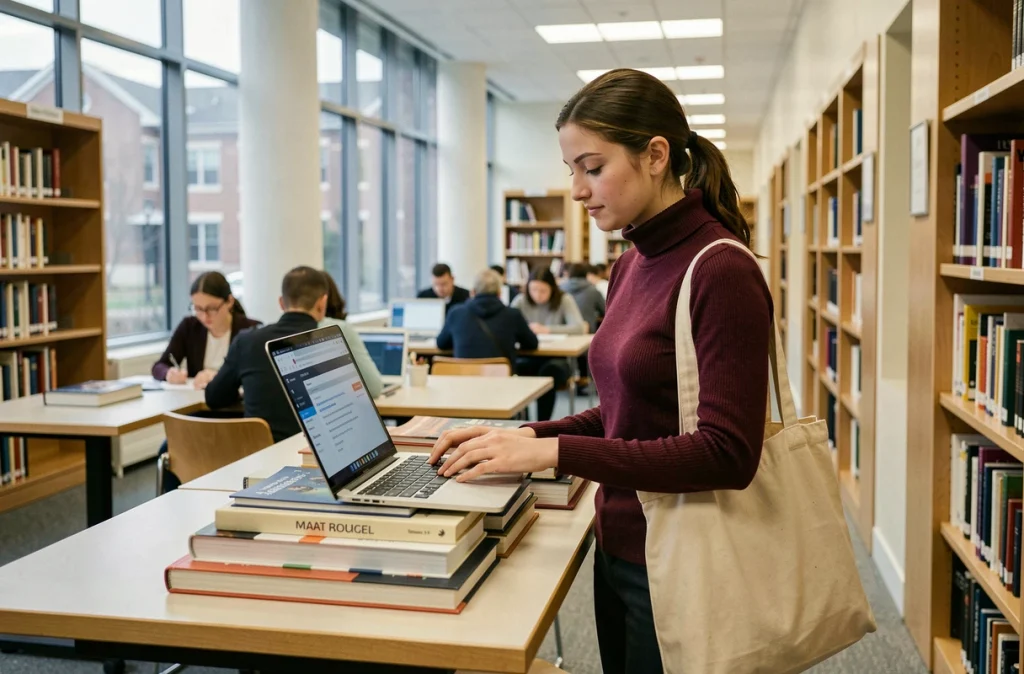 Étudiante accédant à la messagerie Mel Rennes sur ordinateur portable dans une bibliothèque universitaire