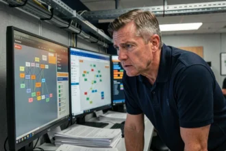 Expert en cybersécurité analysant des alertes réseau sur des écrans dans un centre opérationnel d'une collectivité territoriale