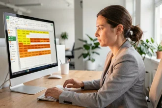 Femme en blazer gris analysant des doublons surlignés dans un tableau Excel sur grand écran de bureau