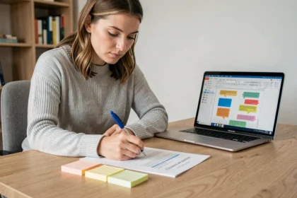 Femme annotant un document Word imprimé avec des commentaires et des notes autocollantes dans un bureau à domicile