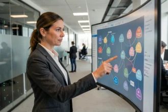 Femme cadre analysant une architecture cloud hybride sur un grand écran dans un bureau d'entreprise moderne
