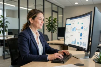 Femme cadre analysant des rapports générés par intelligence artificielle sur un écran d'ordinateur dans un bureau moderne