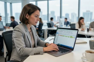 Femme en blazer gris analysant une formule de calcul d'âge dans un tableau Excel sur un ordinateur portable au bureau