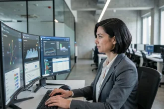 Femme informaticienne analysant des tableaux de bord d'intelligence artificielle sur plusieurs écrans dans un bureau technologique moderne