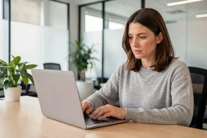 Une femme installant une mise à jour majeure de Windows 11 sur son ordinateur portable dans un bureau moderne