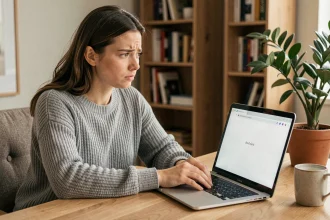 Femme confuse devant un écran d'ordinateur affichant une page about:blank dans un bureau à domicile