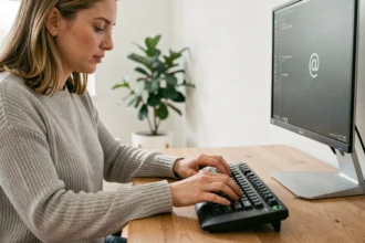 Femme tapant le symbole arobase sur un clavier mécanique dans un bureau minimaliste à domicile