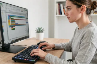 Femme utilisant des raccourcis clavier dans Excel sur un bureau moderne à domicile
