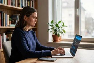 Femme en télétravail connectée à un VPN sur son ordinateur portable dans un bureau à domicile de style scandinave
