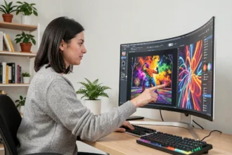 Femme utilisant l'interface Leonardo AI en français sur un grand écran courbe dans un studio moderne en 2026