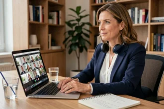 Femme professionnelle en télétravail participant à une visioconférence Teams sur ordinateur portable dans un bureau à domicile moderne