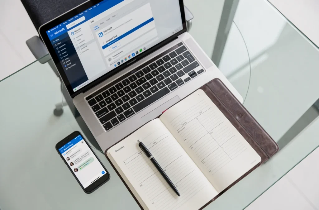 Vue de dessus d'un bureau minimaliste avec un ordinateur portable affichant Outlook et un agenda pour planifier l'envoi automatique de courriels