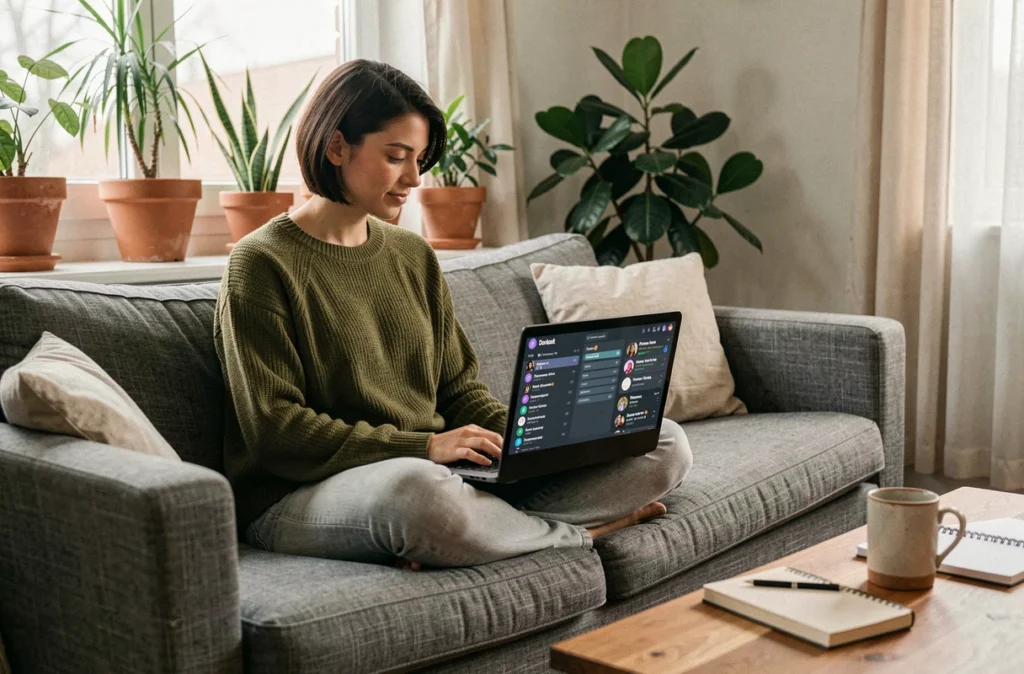 Femme gérant les rôles Discord depuis son canapé avec un laptop ouvert sur un serveur communautaire actif