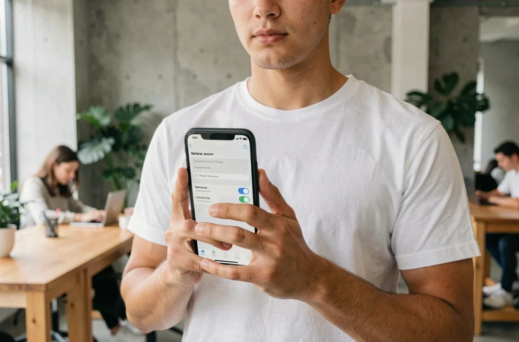 Personne gérant la sécurité de son compte myPrimobox depuis un smartphone en espace de coworking