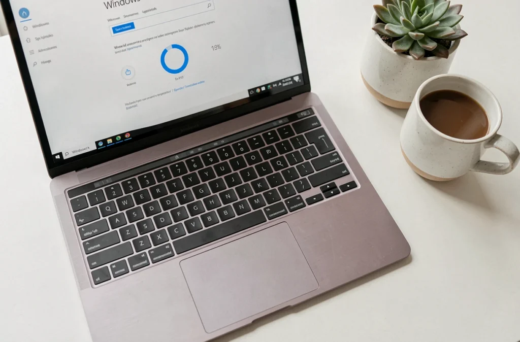 Gros plan d'un ordinateur portable affichant l'écran d'installation de la mise à jour Windows 11 sur un bureau épuré