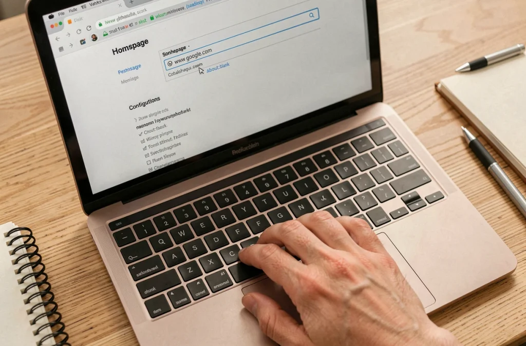 Gros plan sur un clavier d'ordinateur portable avec les paramètres du navigateur ouverts pour changer la page de démarrage about:blank en Google