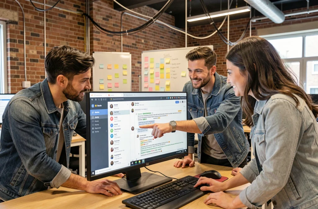 Groupe de jeunes adultes analysant les rôles d'un serveur Discord communautaire dans un espace de coworking moderne