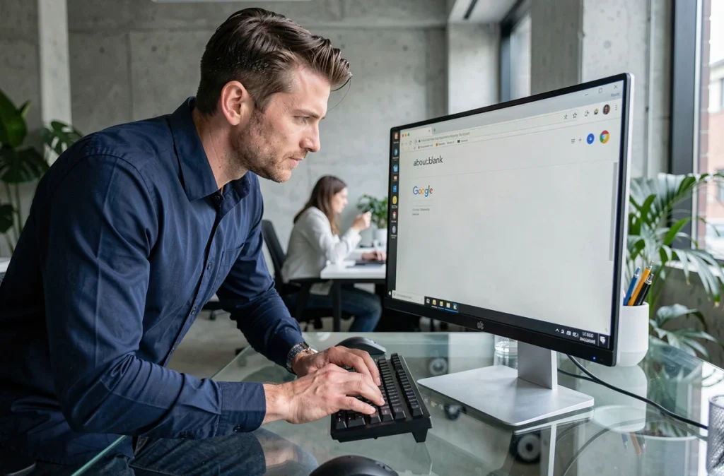 Homme en bureau ouvert cherchant à remplacer la page about:blank par Google sur son navigateur