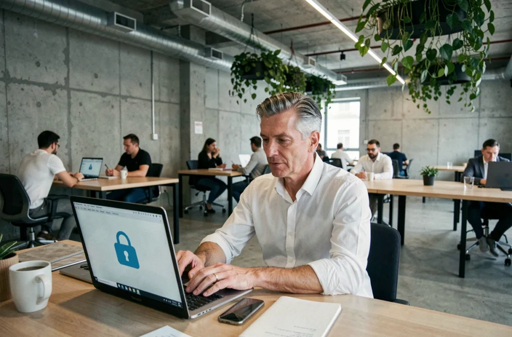 Homme en télétravail dans un espace de coworking utilisant un réseau privé virtuel sur son ordinateur