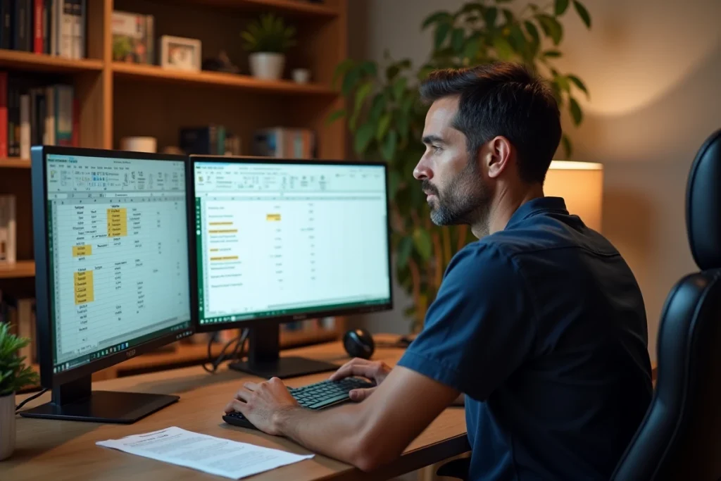 Homme en télétravail utilisant des formules alternatives à DATEDIF dans Excel sur deux écrans à domicile