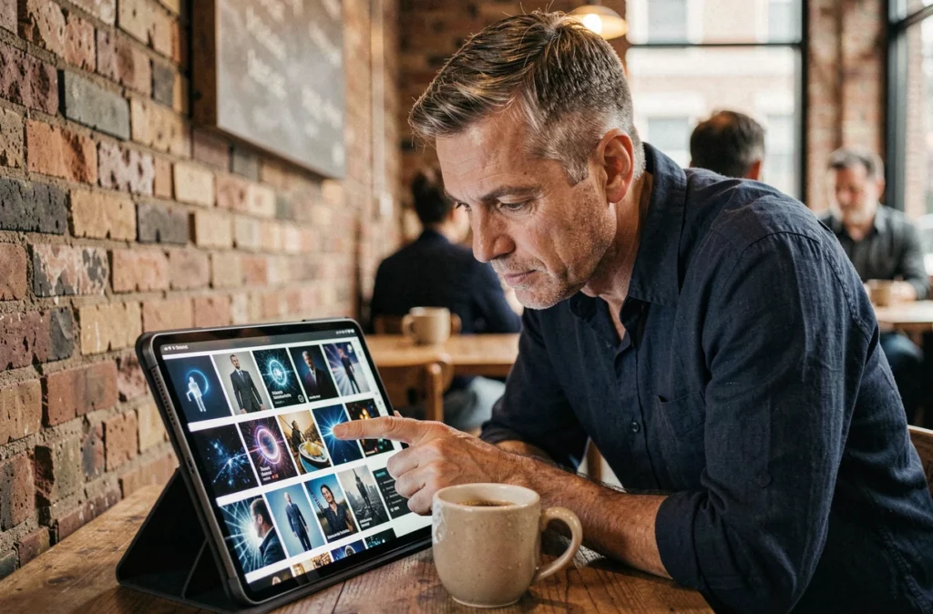 Homme consultant des images générées par Leonardo AI sur une tablette dans un café parisien