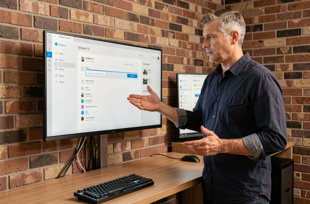 Un homme consultant les paramètres de mise à jour Windows 11 sur un grand écran dans un bureau à domicile minimaliste