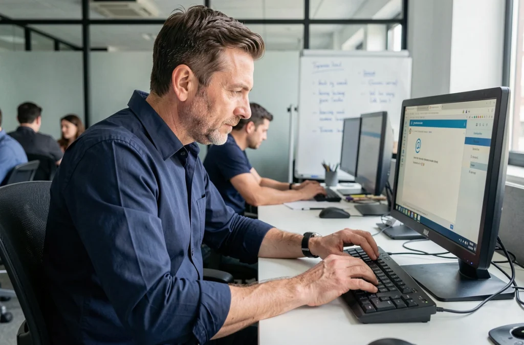 Homme utilisant un raccourci clavier pour taper l'arobase sur un ordinateur de bureau en open space