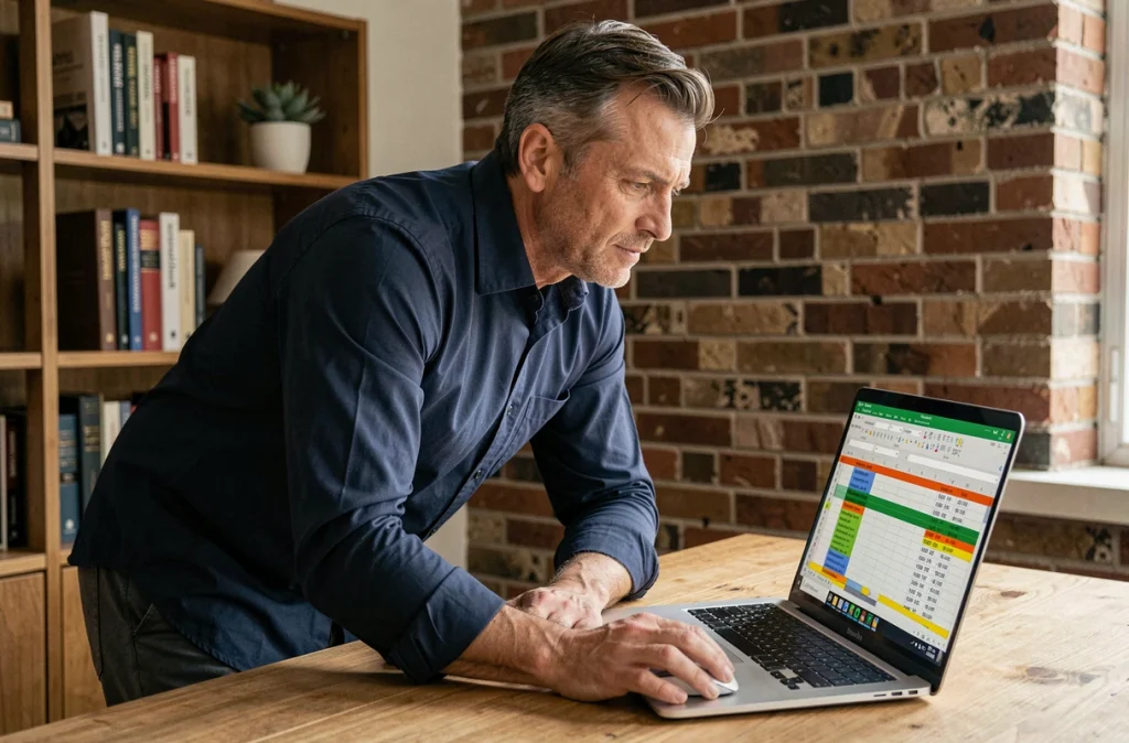Homme en chemise bleue travaillant sur Excel avec des cellules en double surlignées sur laptop dans un bureau à domicile