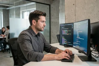 Ingénieur informatique analysant du code chiffré sur des écrans dans un bureau tech moderne