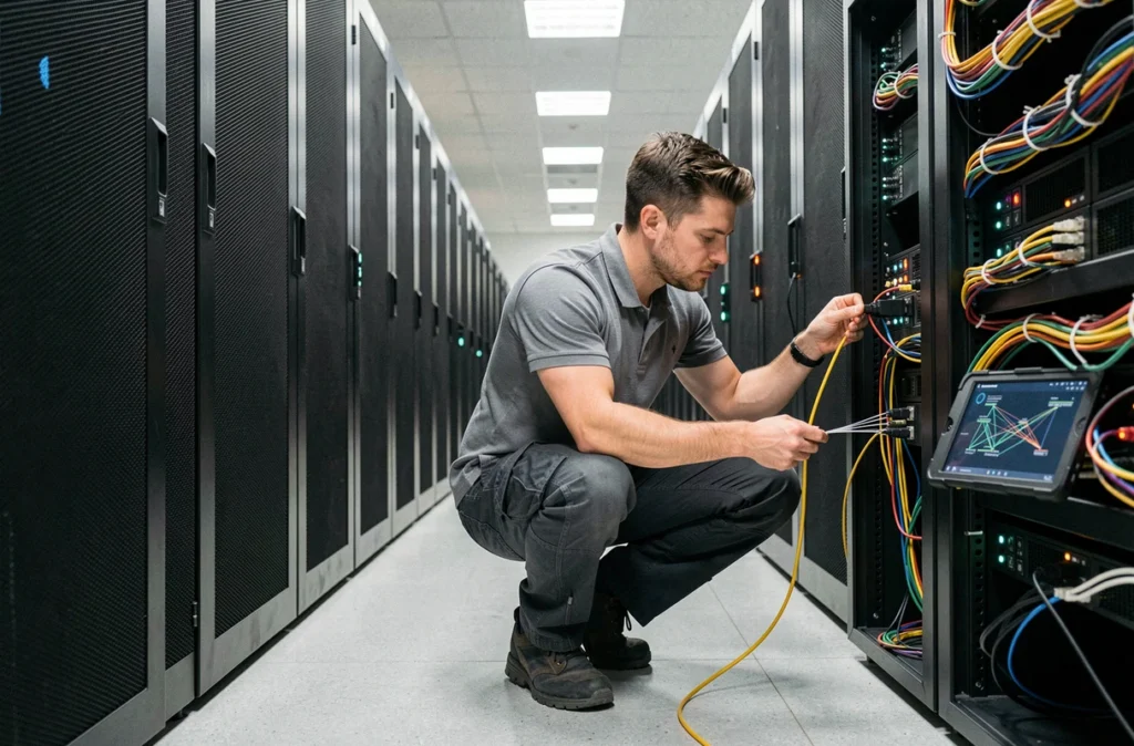 Ingénieur IT configurant des serveurs dans un datacenter lors d'un déploiement de cloud hybride
