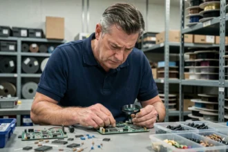 Ingénieur électronicien examinant une carte de circuit imprimé dans une usine de production informatique touchée par la pénurie de composants
