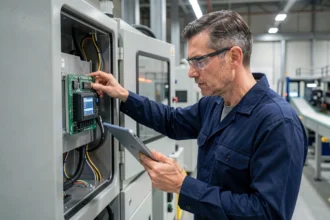 Ingénieur industriel inspectant un système embarqué dans un panneau de contrôle d'usine moderne