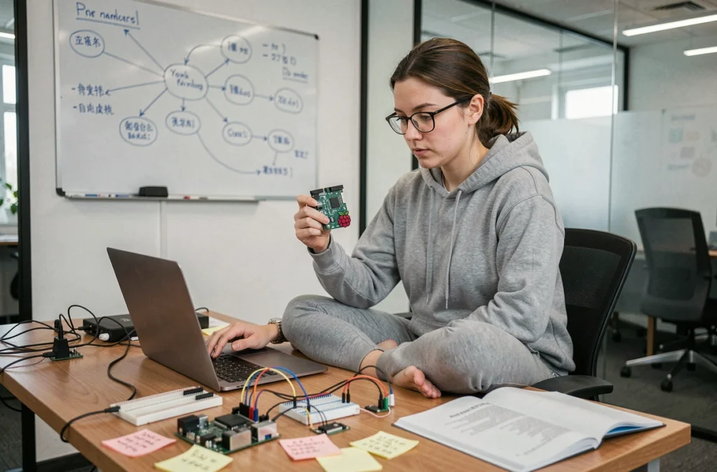 Ingénieure logicielle travaillant sur des composants IoT et un Raspberry Pi dans un bureau de startup, illustrant les défis de sécurité des objets connectés