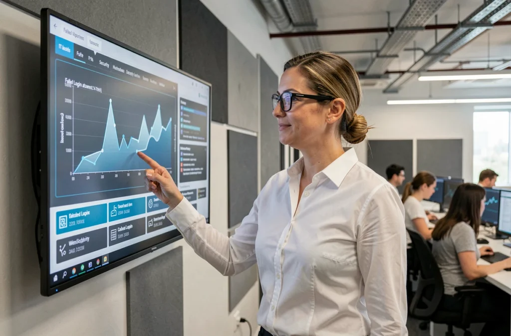 Ingénieure en sécurité informatique analysant un tableau de bord d'alertes face à une recrudescence d'attaques par force brute