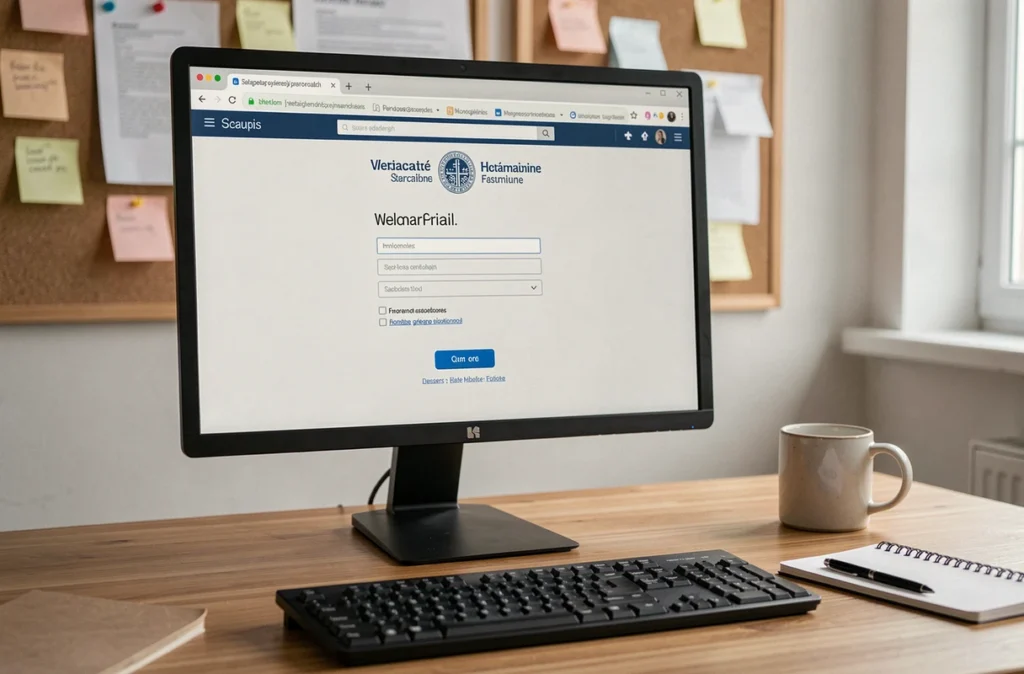 Écran d'ordinateur affichant l'interface de connexion du webmail académique de Nantes sur un bureau d'enseignant
