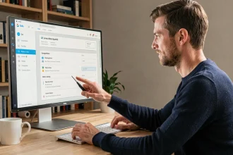 Homme utilisant l'interface Freebox OS sur un ordinateur de bureau pour configurer les paramètres réseau de sa Freebox en 2026