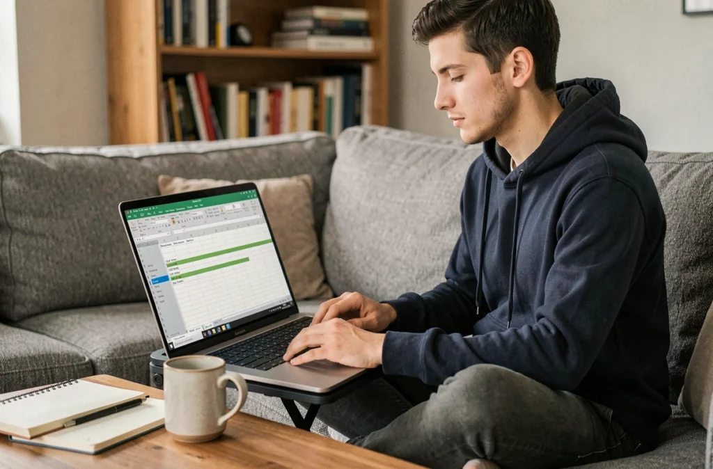Jeune homme utilisant des raccourcis clavier Excel sur un ordinateur portable dans un salon décontracté
