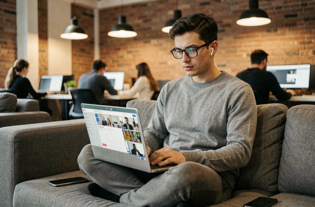 Jeune professionnel en espace de coworking participant à une réunion virtuelle Teams sur ordinateur portable avec écouteurs sans fil