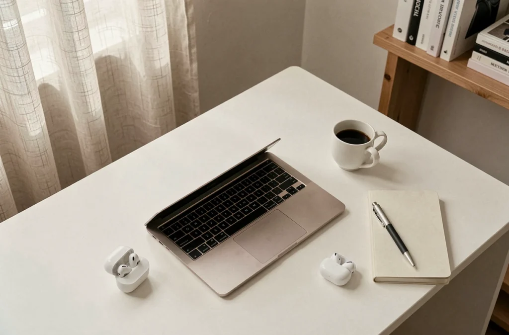 MacBook 13 pouces posé sur un bureau minimaliste avec accessoires, mettant en valeur sa taille compacte et son design élégant adapté au télétravail