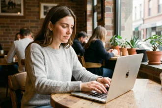 Femme utilisant un MacBook 13 pouces dans un café urbain, illustrant la mobilité et la compacité de l'ordinateur portable Apple