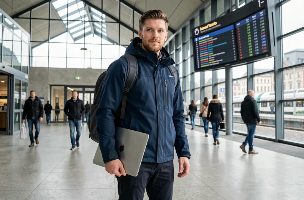 Homme transportant un MacBook 13 pouces dans une gare moderne, symbolisant la portabilité et le compromis taille-performance pour les professionnels nomades