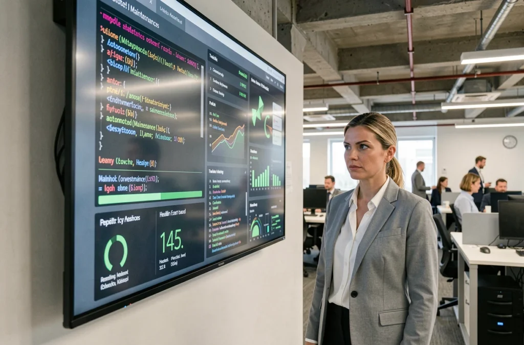 Technicienne IT analysant des scripts de maintenance automatisée sur un grand écran mural dans un centre d'opérations informatiques