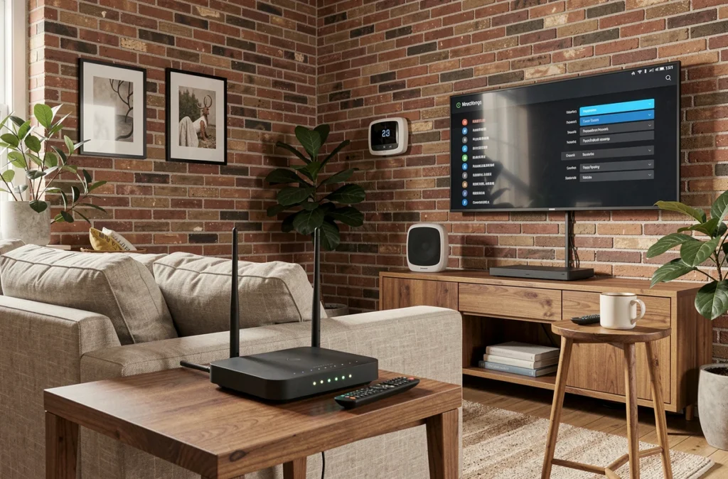 Maison intelligente équipée d'objets connectés incluant enceinte vocale, thermostat connecté et routeur Wi-Fi exposés aux risques de cybersécurité