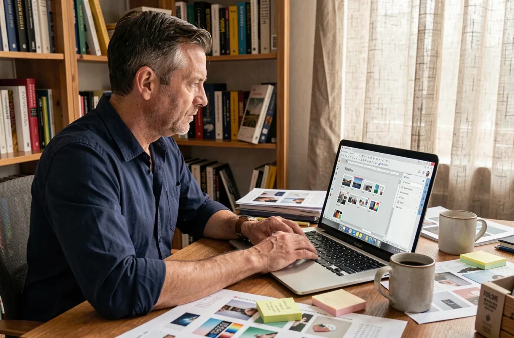 Homme travaillant sur des modèles de diapositives PowerPoint dans un bureau à domicile avec des maquettes imprimées