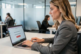 Femme en blazer gris tapant un mot de passe faible sur un ordinateur portable au bureau, avec un avertissement de sécurité visible à l'écran