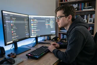 Jeune homme optimisant son profil Discord sur un setup gaming avec deux écrans affichant des rôles et badges colorés