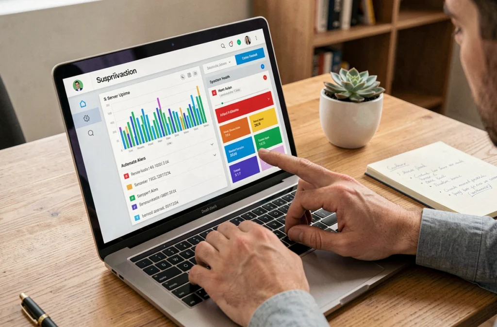 Gros plan sur un écran d'outil de supervision informatique affichant des alertes automatisées et des graphiques de disponibilité des serveurs